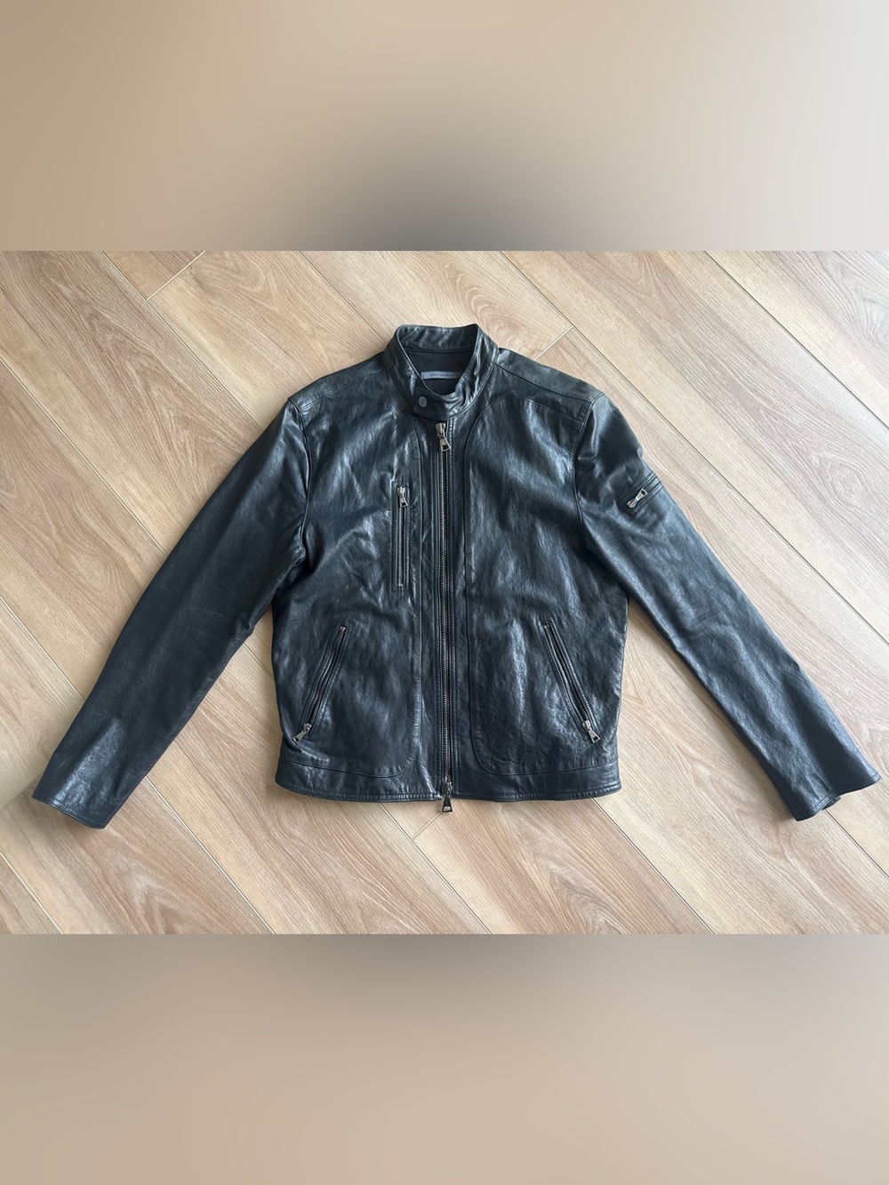Men's Black john varvatos Leather Biker Jacket - Classic Zip Front